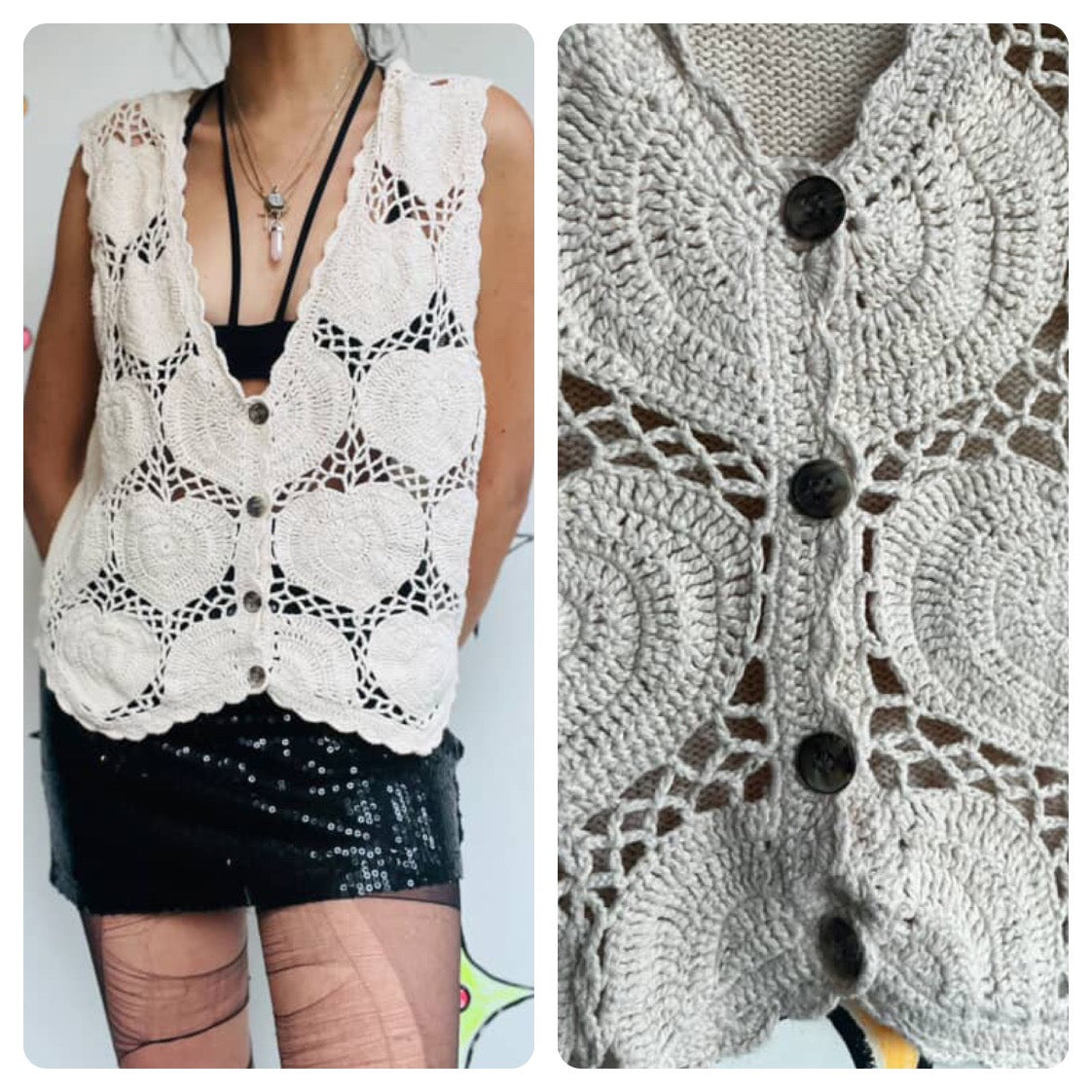 Vintage | Crochet Heart Pattern Vest Boho Festival Fashion Top | Medium