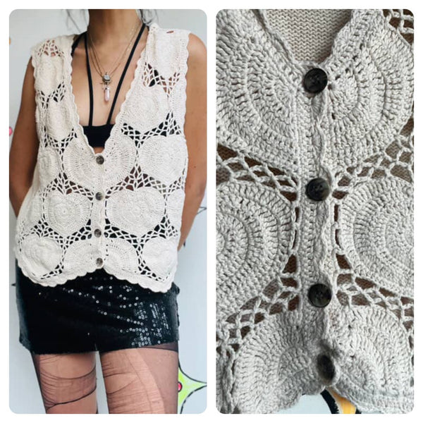 Vintage | Crochet Heart Pattern Vest Boho Festival Fashion Top | Medium