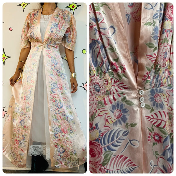Antique Early 1900s Pink Silk Floral Robe - Rococo Victorian Loungewear - Small