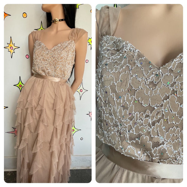 Y2K Lace Rhinestone Formal Dress Chiffon Tiered Ruffle Maxi Fairy Grunge Prom M