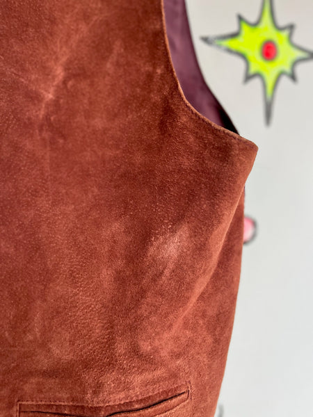 Vintage Brown Suede Leather Oversized Vest – Rocker Grunge Western Boho - XL