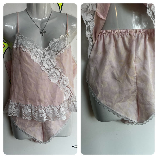 Vintage 70s 80s | Pink Lace Nighty Teddy PJ Pajama Set Fairy Grunge Coquette | L