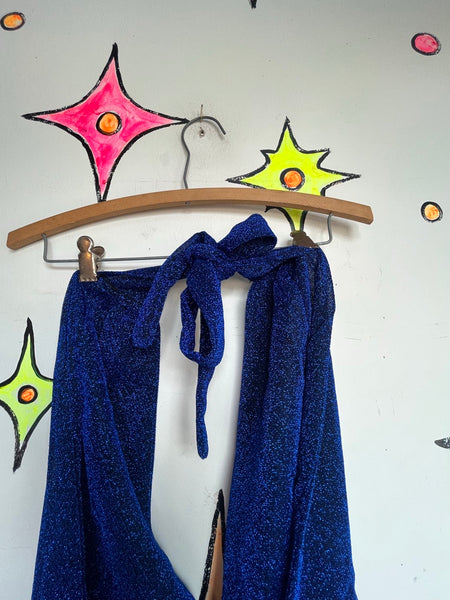 Blue Metallic Glitter Disco Halter Jumpsuit Glam Bellbottom Groovy Retro S