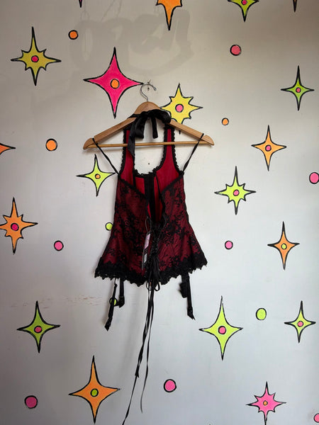 Red Black Gothic Romantic Vamp Corset Top Lace Victorian Goth Ren Faire M