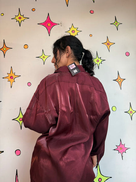 Vintage Burgundy Iridescent Party Shirt 90s Satin Lounge Button Up Men's XL