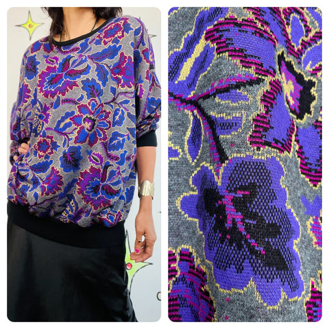 Vintage 80s 90s Purple Boho Fairy Grunge Digital Floral Batwing Sweater - XL