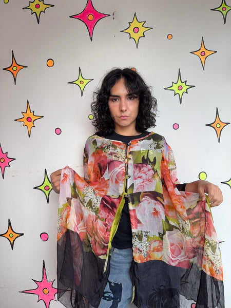 Y2K Floral Collage Print Duster Sheer Boho Kimono Romantic Fairy Grunge - OS