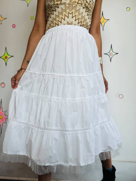 Y2K White Boho Tiered Cotton Maxi Skirt – Coquette Fairy Grunge Crinoline – M