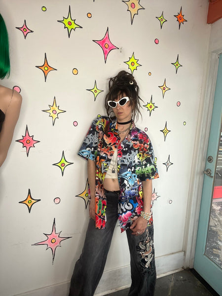 Vintage Graffiti Shirt Retro Y2K Pop Art Rainbow Top 90s Abstract Disco XL