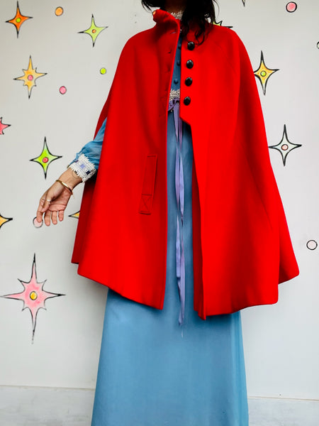 Vintage 60s Cherry Red Cape Coat | Heavy Warm Wool Feel Cloak | Mod Swing Cape