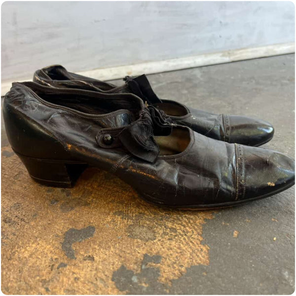 Antique 1910s 20s Black Leather Mary Jane Pumps w Silk Bows - Edwardian – Size 5