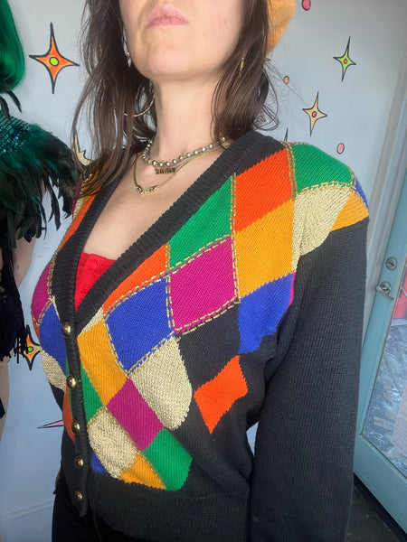 Rainbow Harlequin Cardigan Clowncore Sweater Beaded Deep V Button Front S/M