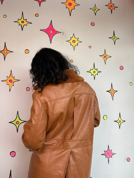 Vintage 70s Vinyl Sherpa Coat Faux Fur Penny Lane Jacket Boho Hippie Retro XL