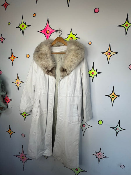 Vintage 70s White Leather Trench Coat Fur Collar Penny Lane Rockstar L
