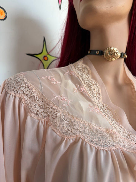 1950s Pink Pegnoir Chiffon Bed Jacket Rococo Kawaii Babydoll Boudoir Cape M/L