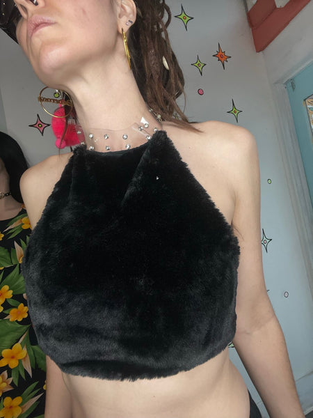 Y2K Dolls Kill Fuzzy Halter Crop Top ' Mall Goth Rave Vegan Fur - Free Size