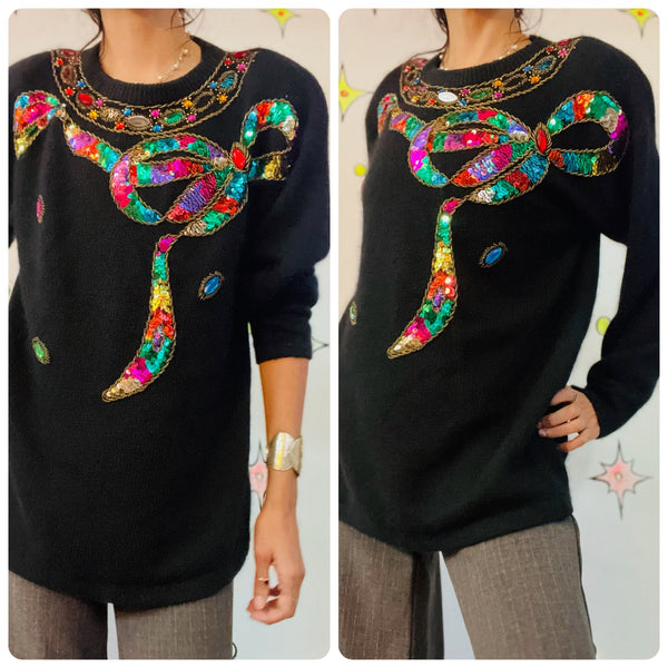 Vintage 80s Rainbow Embellished Christmas Sweater Sequin Beaded Holiday Party L