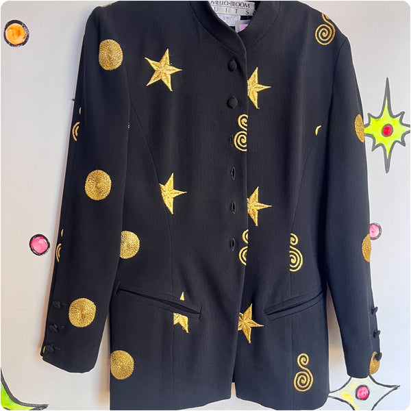 Vintage 80s 90s RARE Wearable Art Black and Gold Embroidered Celestial Blazer 8