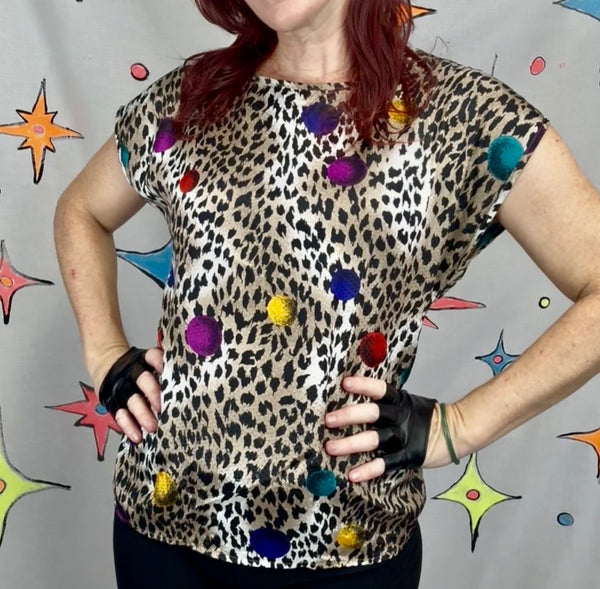 80s Leopard Print Pop Art Top Colorful Dots Avant Garde Kitsch Maximalist M