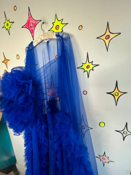 Old Hollywood Decadent Blue Chiffon Ruffle Robe – Sheer Lingerie Boudoir Glam