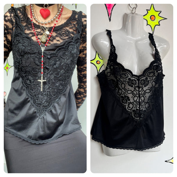Vintage 70s | Black Lace Pinup Goth Coquette Fairy Grunge Camisol Cami Top | S