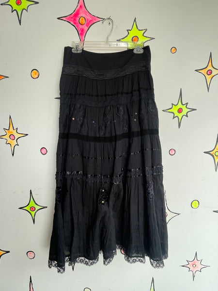 Lace & Beaded Black Cotton Maxi Skirt Whimsigoth Fairy Grunge Witchy Western M