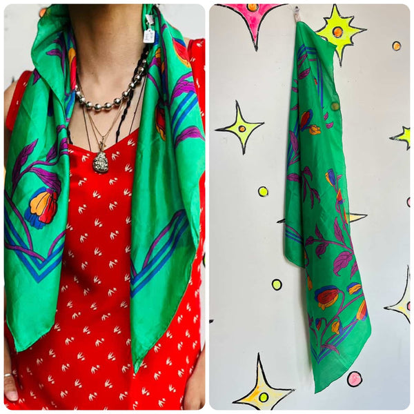 Vintage Green Silk Floral Scarf – Fairy Boho Pirate Grunge – Romantic – 29” Square
