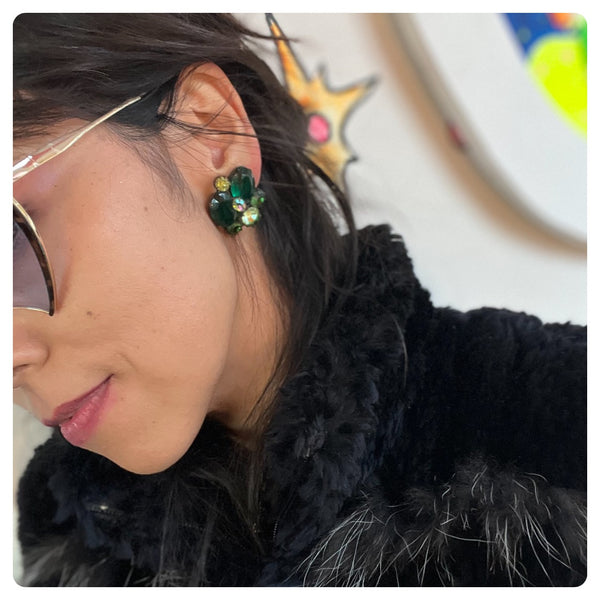 Vintage 50s 60s Green Fairy Clip On Earrings Chunky Sparkly Crystals Rhinestones