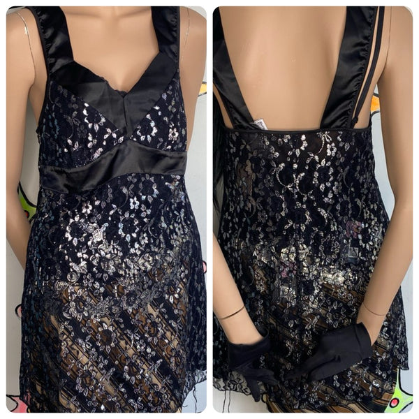 Black Metallic Lace Slip Dress | Whimsy Goth Fairy Grunge Sheer Lingerie Dress M