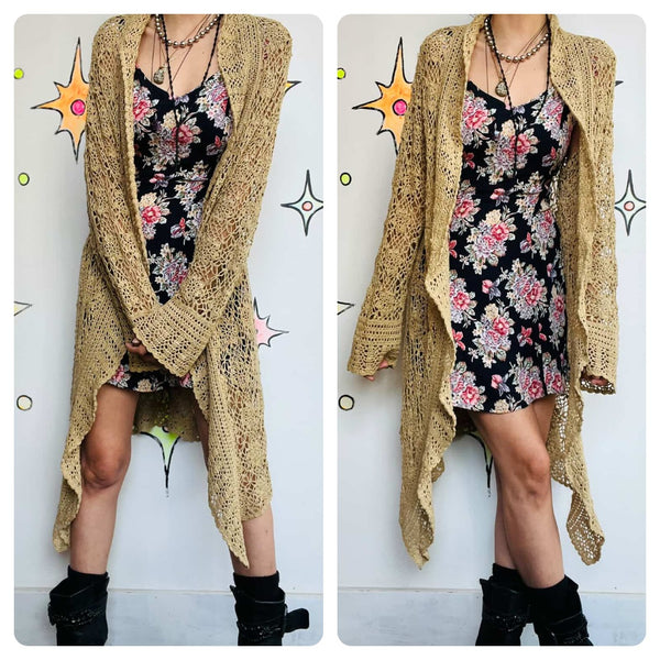 Vintage 90s Y2K Gold Crochet Fairy Grunge Boho Duster Robe Sweater – 14/16