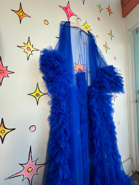 Old Hollywood Decadent Blue Chiffon Ruffle Robe – Sheer Lingerie Boudoir Glam