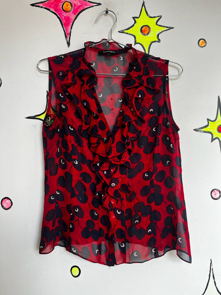 Vintage Y2K Nanette Lepore French Designer Cherry Red Ruffle Sheer Silk Blouse 6