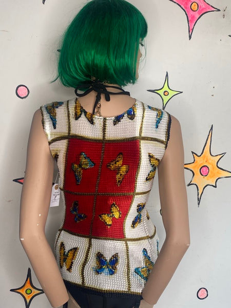 90s Butterfly Popcorn Top Boho Fairy Grunge Stretchy Y2K Crinkle Shirt Free Size