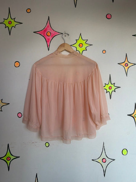 1950s Pink Pegnoir Chiffon Bed Jacket Rococo Kawaii Babydoll Boudoir Cape M/L
