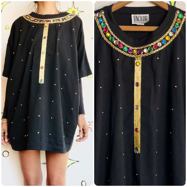 Vintage 1980s | Black Embellished Punk Goth Bedazzled T Shirt | Free Size