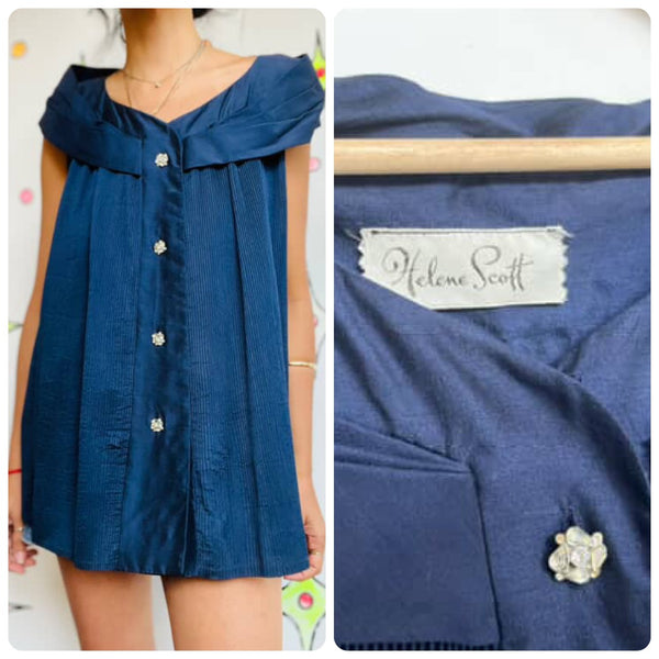 Vintage 40s-50s Navy Old Hollywood Tent Blouse - Helene Scott - Classic Glam S M