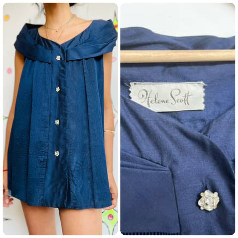 Vintage 40s-50s Navy Old Hollywood Tent Blouse - Helene Scott - Classic Glam S M