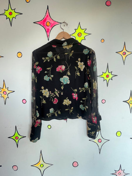 Vintage 90s Express Black Silk Floral Button Up Whimsigoth Dark Romantic M