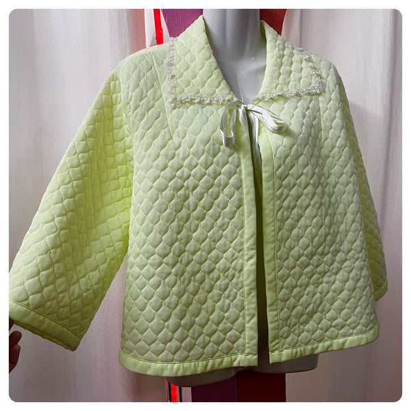 Vintage 50s 60s | Neon Day Glo Lime Quilted Babydoll Nighty Bed Jacket | L