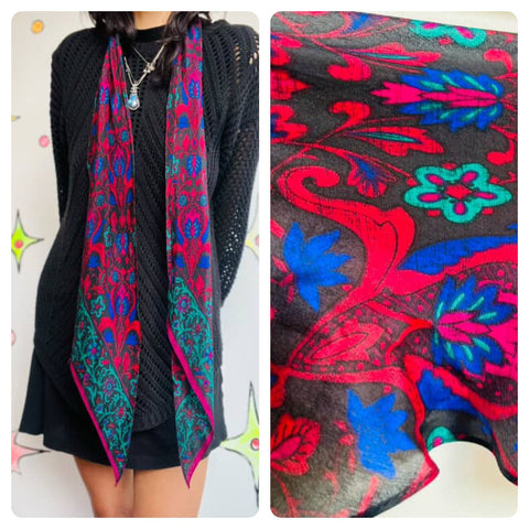Vintage 80s 90s Colorful Floral Silk Scarf - Fairy Grunge Boho Skinny Neck Tye