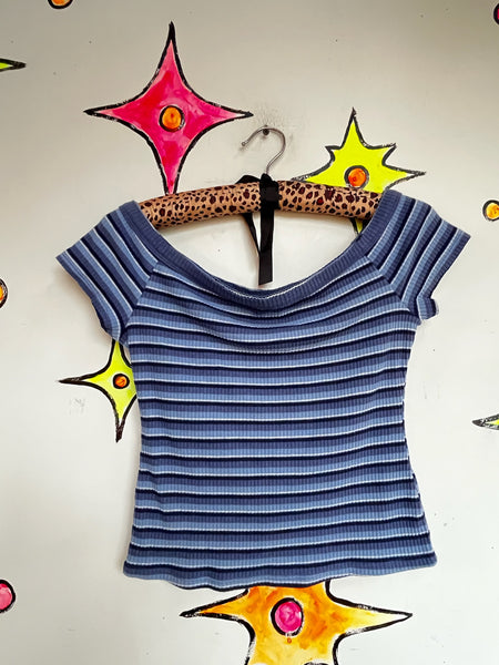 Vintage 90s Y2K Blue Striped Ribbed Crop Top Tee - Fairy Grunge Indie - M