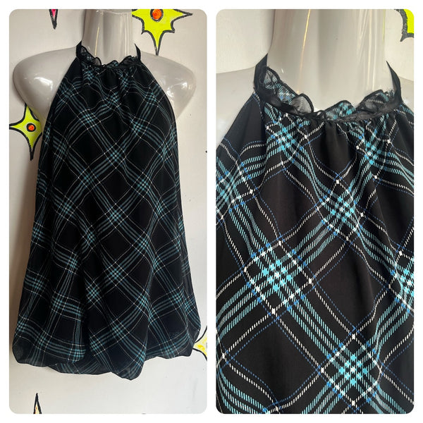 Vintage Y2K 2000s | Plaid Fairy Grunge Goth Emo Bubble Hem Halter Top or Dress M