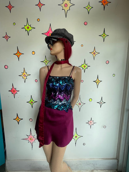 Vintage 70s Fully Sequined Chevron Striped Disco Top Glam Studio 54 Party S