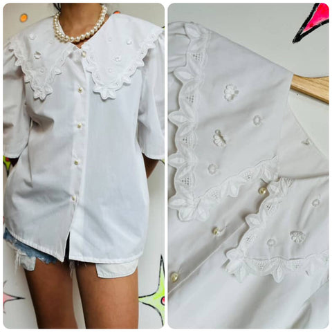 Vintage 80s White Big Collar Cottage Core Babydoll Top Lolita Academia Blouse ML