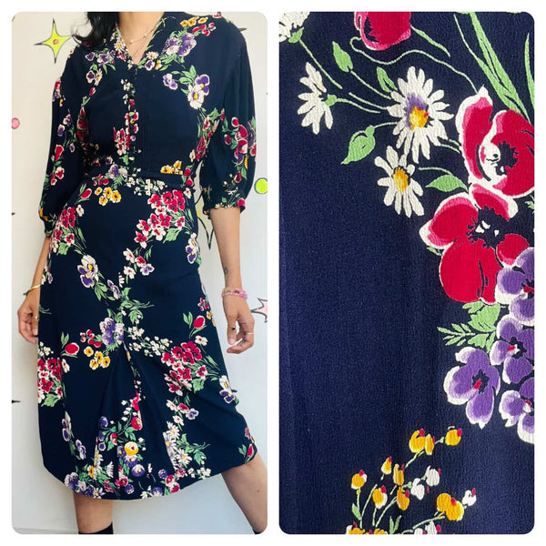 1940s Navy Floral Print Secretary Dress Stunning True Vintage Boho Grunge - M L