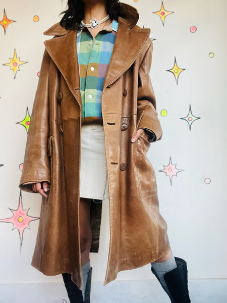 Vintage 70s Brown Leather Coat | Long Trench-Style Jacket | Worn-In Patina ML
