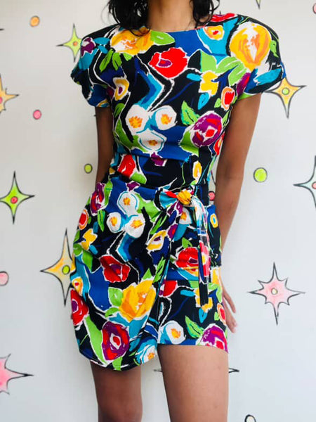 Vintage 80s Rainbow Abstract Art Wear Wrap Dress Boho Grunge w Shoulder Pads 5/6