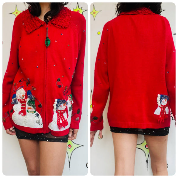 Vintage 80s 90s Red Ugly Tacky Christmas Sweater Cardigan – Snowman – S