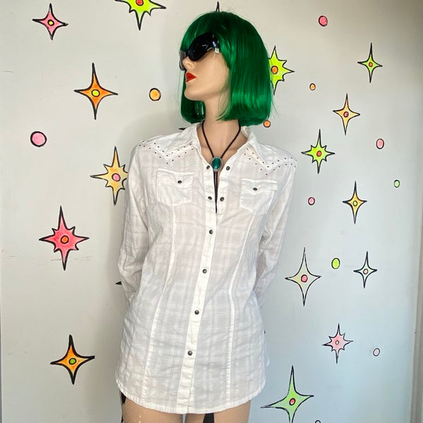 Vintage Y2K White Bedazzled Cross Western Pearl Snap | McBling Cowgirl M