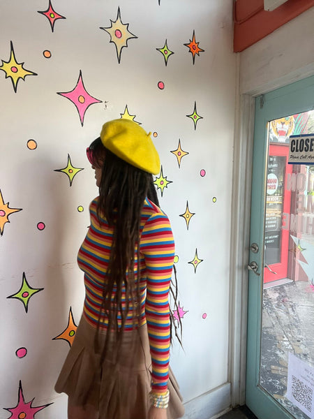 Rainbow Ribbed Turtleneck Clowncore Retro Mod 60s Y2K Colorful Stretch Top XS